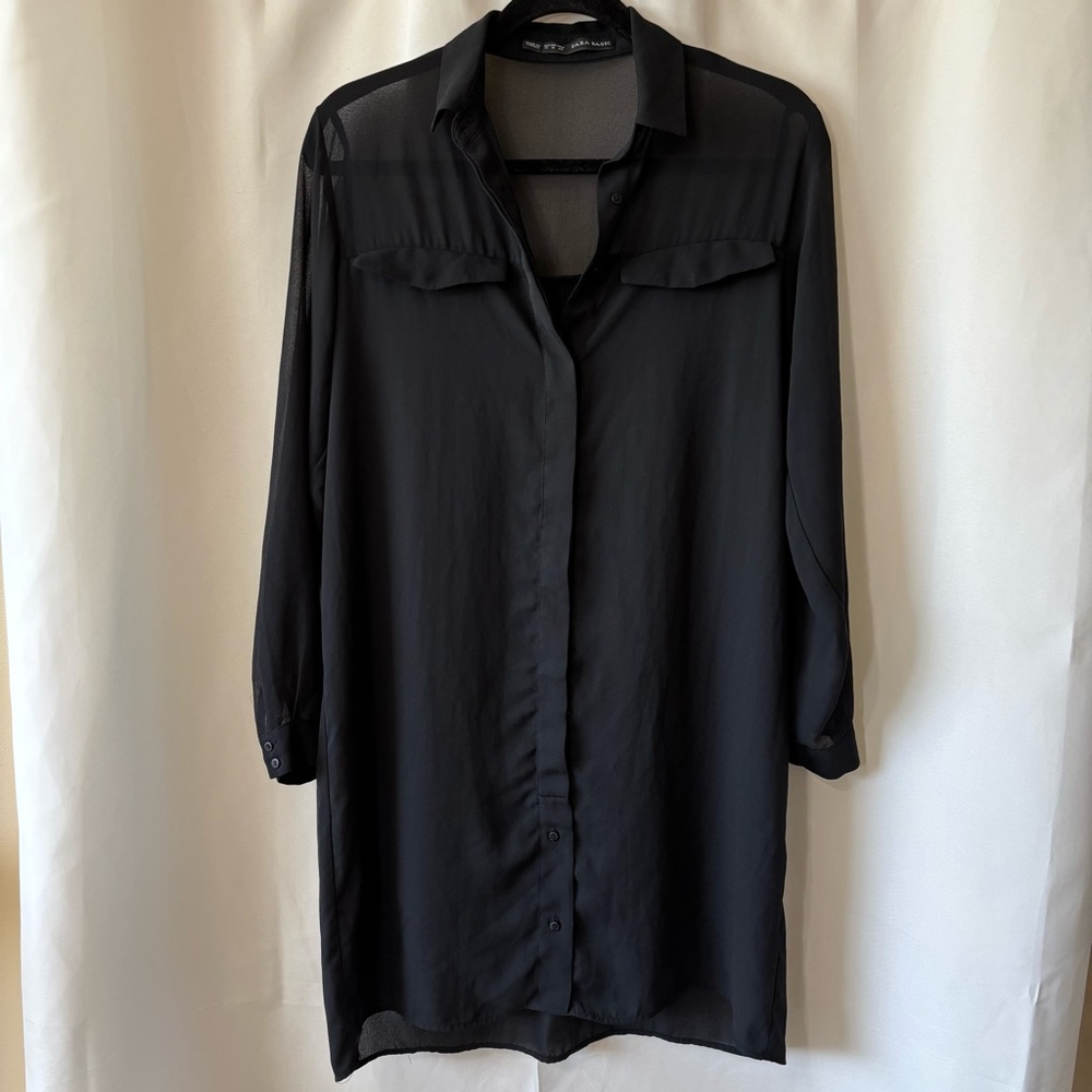 Zara Basic Black Sheer Shirt Dress. Size Medium